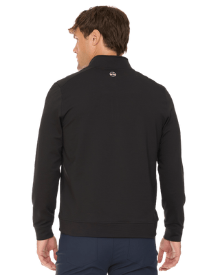 Back view of man wearing black quarter-zip mock neck stretch ottoman pullover jacket