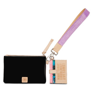 Consuela Rita Combi black glossy pouch with purple glitter wristlet and floral cardholder