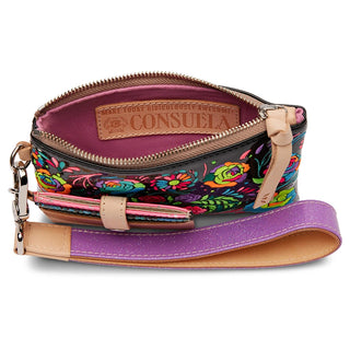 Open Consuela Rita Combi black pouch showing magenta lining and colorful floral embroidery