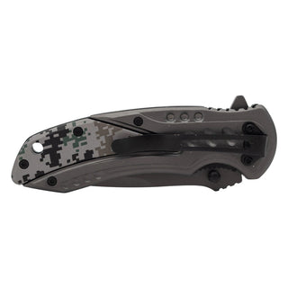 Mad Man Rockies digital camo pocket knife closed side view with frame lock and thumb stud