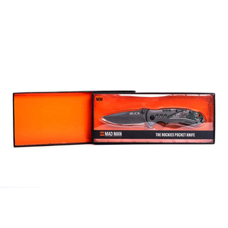 Rockies folding pocket knife in retail box with orange interior and clear blister packaging