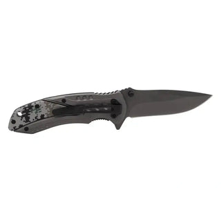 Open Mad Man Rockies locking blade knife with coated steel edge and camo handle