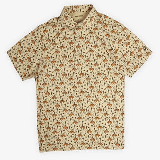 Beige shirt with brown floral pattern on a white background