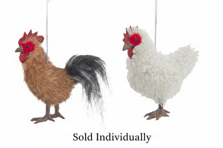 Kurt Adler hanging ornaments set featuring a brown rooster and white hen with red combs