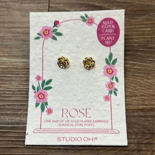 Rose Bloom stud earrings on plantable seed paper card with pink floral design