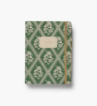 Rifle Paper Co. Rose Study Journal with green floral diamond pattern and gold elastic closure