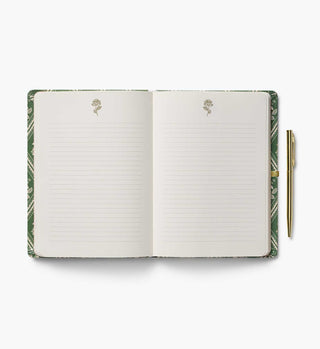 Open Rifle Paper Co. Rose Study Journal showing lined pages with rose motif and gold pen