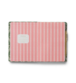 Rifle Paper Co. Rose Study Journal open flat showing pink striped cover with gold pen