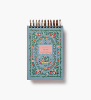 Rifle Paper Co. Rosette Desktop Spiral Notepad with floral botanical cover on dusty blue background