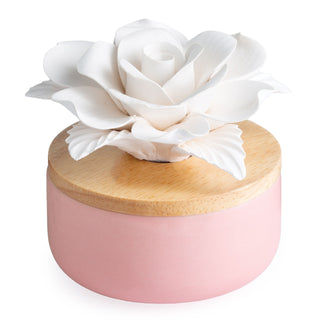 Candle Warmers porcelain rosette aroma diffuser in pink with wooden lid and white ceramic rose