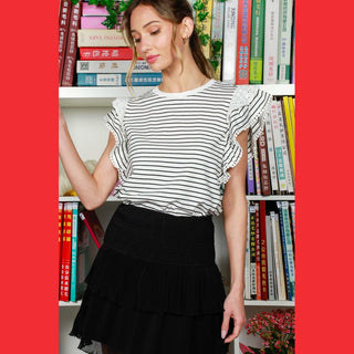 Vine & Love Women’s Tops Ruffle Sleeve Trim Striped Top