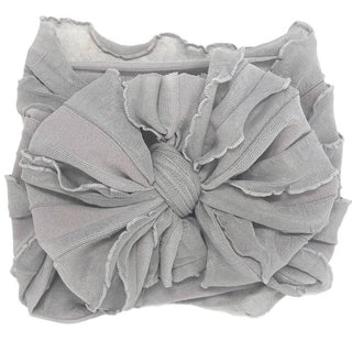 Gray heather ruffled baby headband with oversized intricate folded knit texture