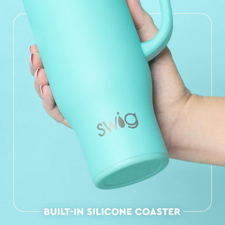 Swig 24oz aqua tumbler with handle and built-in silicone coaster base
