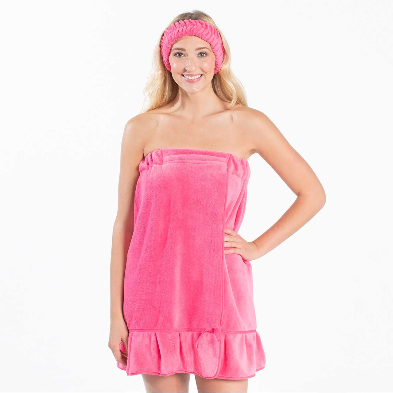 Spa Wrap & Headband Combo
Say goodbye to towels that slip and slide while you're getting ready. This plush spa wrap features a secure Velcro closure and elastic back that keeps everything perfectly in place, so you can move freely while doing your skincare, makeup, or hair routine. The charming ruffle detail adds a touch of elegance to your self-care moments.
