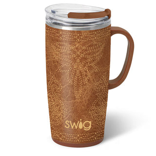 Brown leather travel mug with 'Swig' logo 