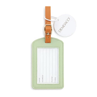 Demdaco sage green leather luggage tag with tan strap and gold buckle hardware