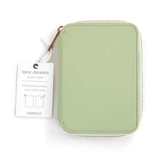 Demdaco Your Journey sage green zip-around passport wallet with gold zipper and hang tag