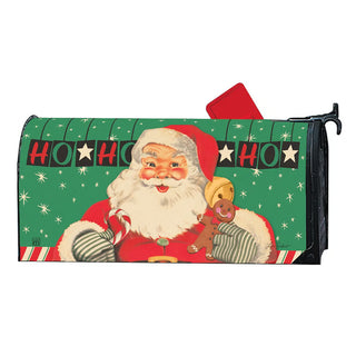 Retro Santa Claus Christmas mailbox cover with Ho Ho Ho text on green background