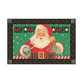 Retro Santa Claus doormat with Ho Ho Ho banner, candy cane, and gingerbread man on green background