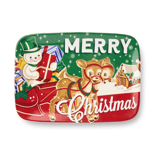 Rectangular ceramic platter with retro Merry Christmas design, reindeer, snowman, and sleigh