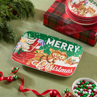 Certified International retro Christmas rectangular platter with reindeer, snowman, and Merry Christmas design