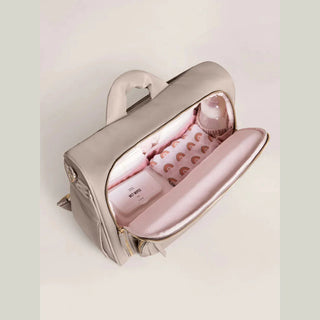 Taupe JuJuBe Satchel backpack open interior with pink lining, trolley sleeve, and organized compartments