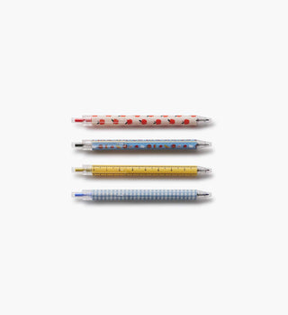 Set of four Rifle Paper Co. Schoolhouse gel pens with apple, school, ruler, and gingham patterns