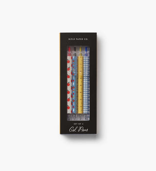 Rifle Paper Co. Schoolhouse Gel Pen Set of 4 in decorative packaging with four patterned pens