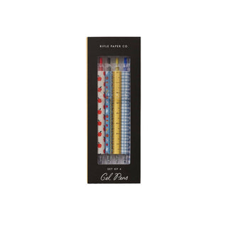 Rifle Paper Co. Schoolhouse Gel Pen Set of 4 in branded black packaging with window display