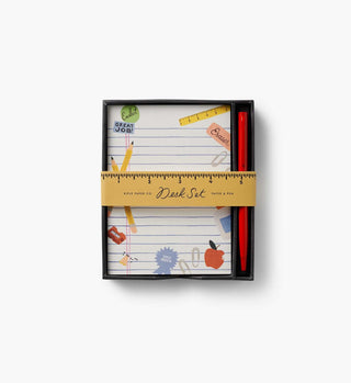 Rifle Paper Co. Schoolhouse Desk Set with lined notepad and red pen in black box