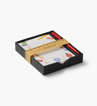 Rifle Paper Co. Schoolhouse Desk Set with lined notepad and red pen in black box packaging