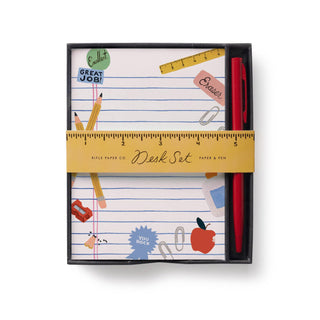 Rifle Paper Co. Schoolhouse Desk Set with lined notepaper and red pen in black gift box