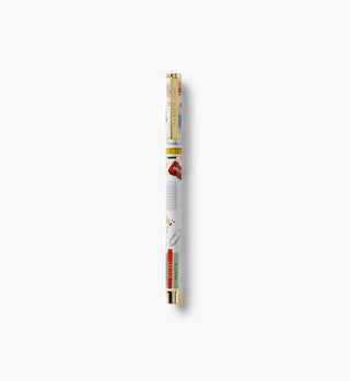 Rifle Paper Co. Schoolhouse Pen with white barrel featuring school supply illustrations and gold accents