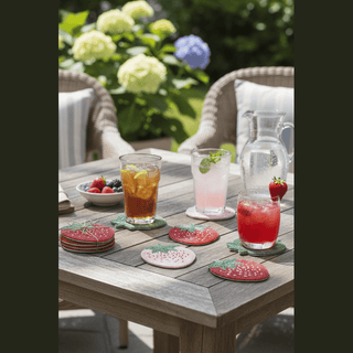 Set of Beaded Strawberry Coasters on outdoor patio table with summer drinks