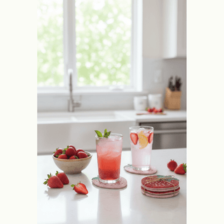 Set of Beaded Strawberry Coasters on kitchen counter with iced drinks and fresh strawberries