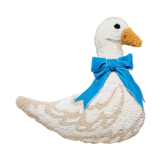 White and tan hooked goose shaped pillow with blue velvet bow accent