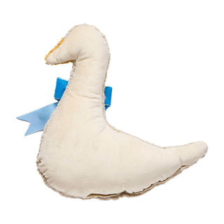 Cream plush goose shaped pillow with yellow beak and blue satin bow ribbon