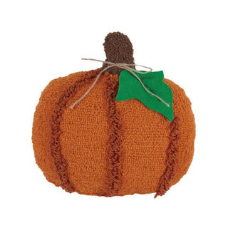 Hooked wool pumpkin pillow in orange with green felt leaf and brown stem