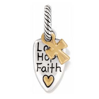 Brighton shield charm with Love Hope Faith text and gold cross accent on twisted cable bail