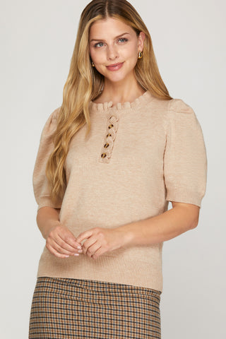 Short Sleeve Ruffled Neck Sweater Top