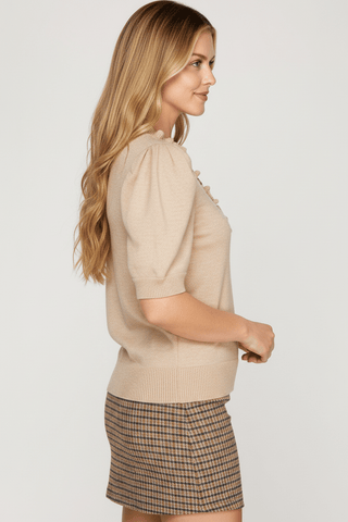 Short Sleeve Ruffled Neck Sweater Top