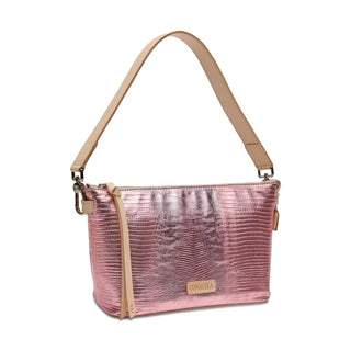 Pink textured handbag with beige strap 