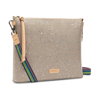 Beige glittery clutch bag with a colorful strap 