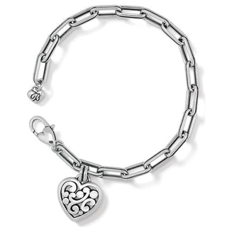 Brighton Contempo Heart Charm bracelet in silver with ornate heart pendant and chain links