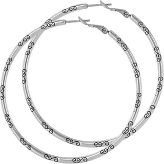 Brighton Grande Hoop Charm Earrings in silver with decorative scroll pattern detailing