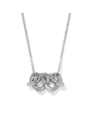 Brighton Interlok Linked Hearts silver necklace with three interlocking heart pendants on delicate chain