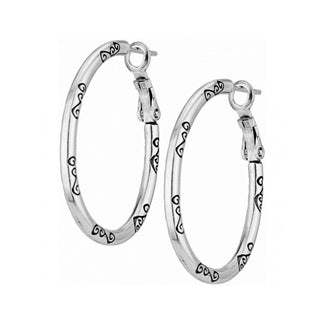 Polished silver oval hoop earrings featuring black swirl patterns and lever-back closure
