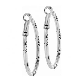 Brighton silver oval hoop earrings with black engraved swirls and hinged closure