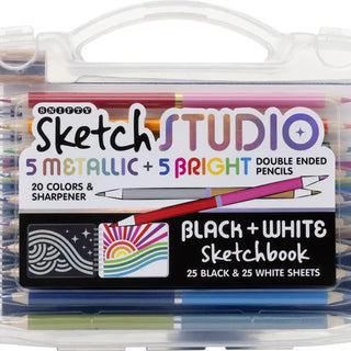 Snifty Sketch Studio travel set with metallic and bright double-ended colored pencils and sketchbook