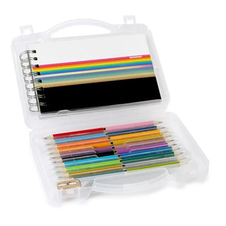 Open clear travel case containing colored pencils, sharpener, and black spiral sketchbook